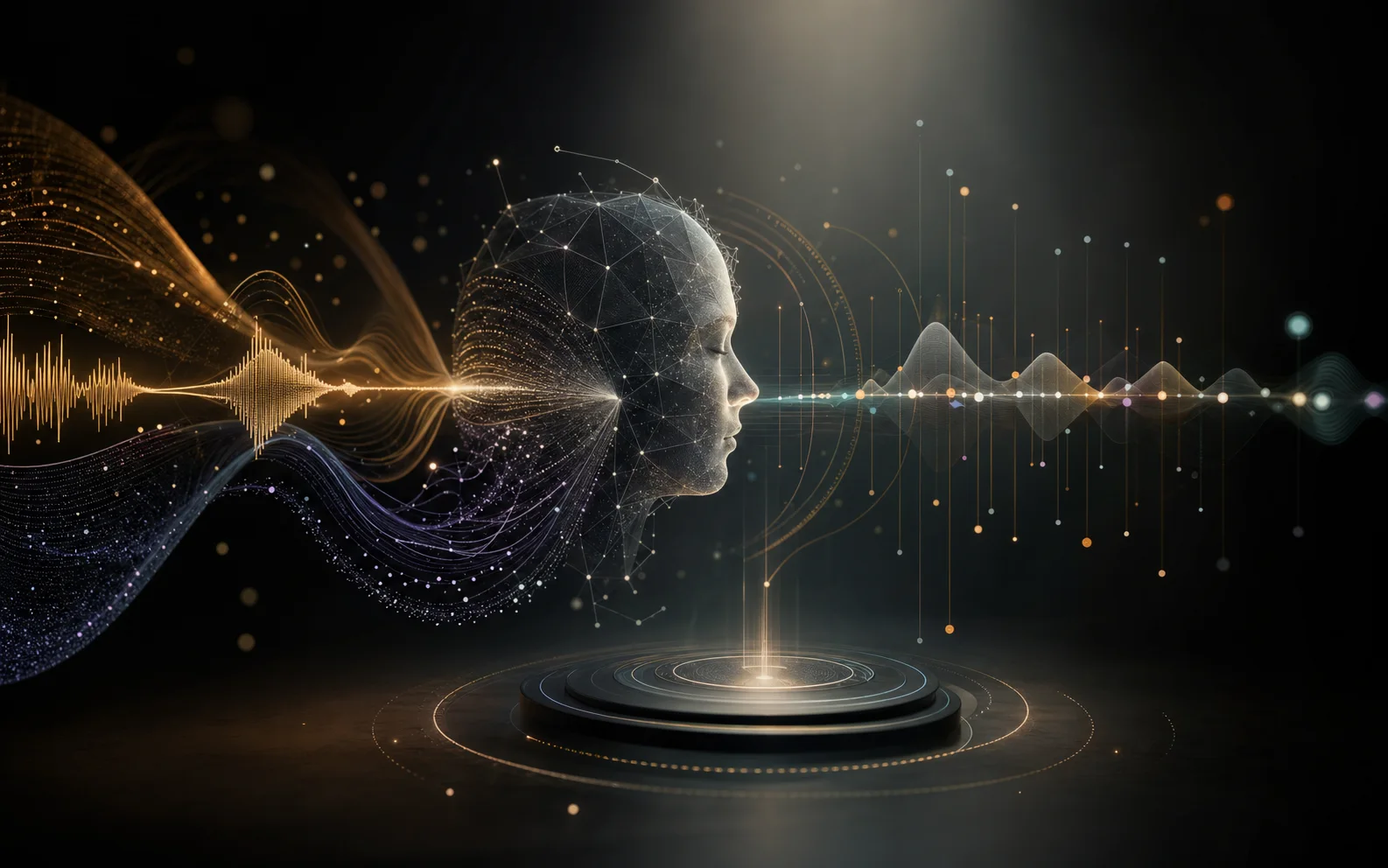 Abstract curated visual for Aletheia showing vocal, facial, and language signals converging