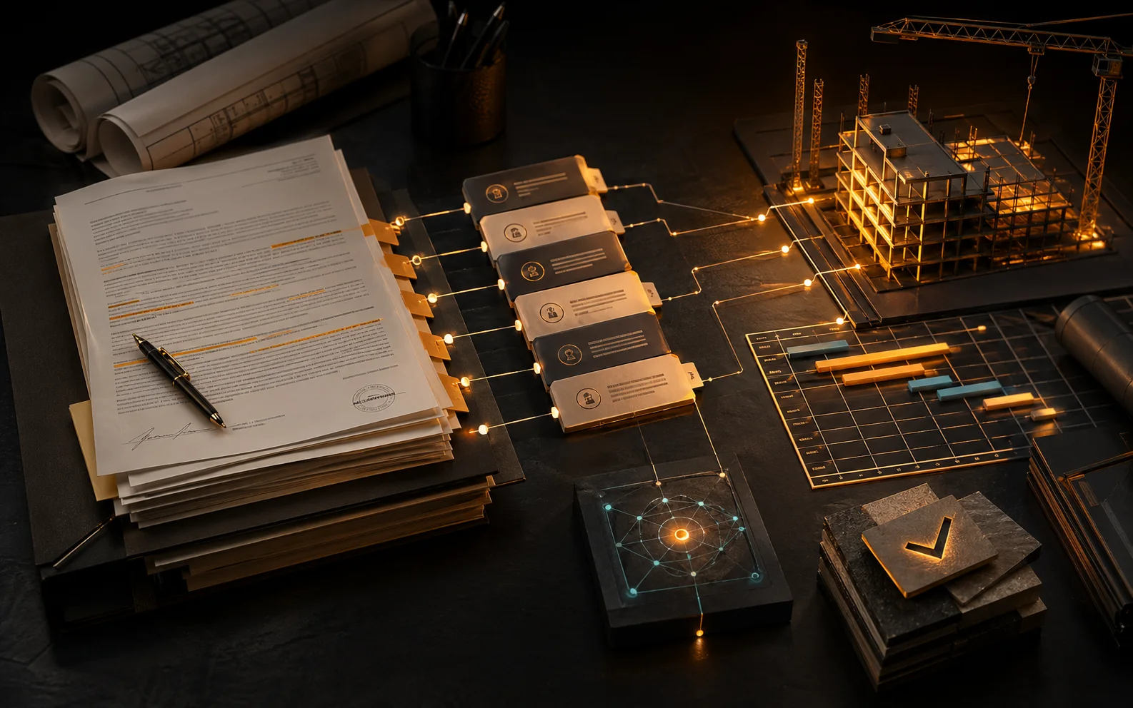 Abstract curated visual for First Rule Contract Manager showing contracts, playbooks, and construction planning objects