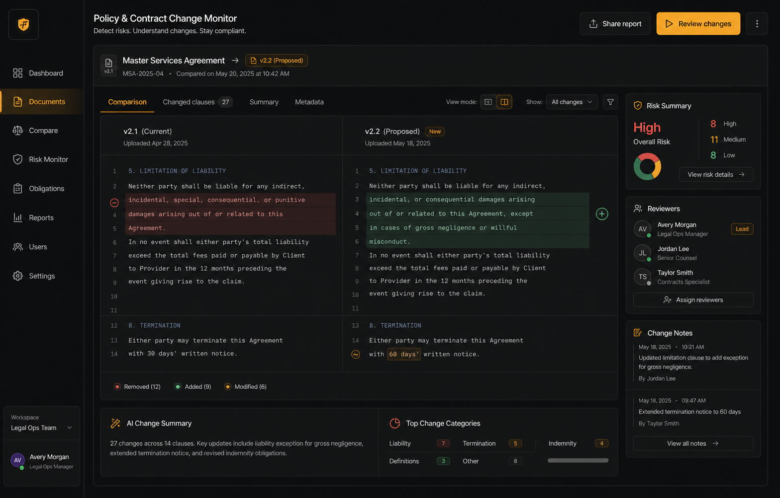 AI contract comparison tool highlighting policy changes and review risks.
