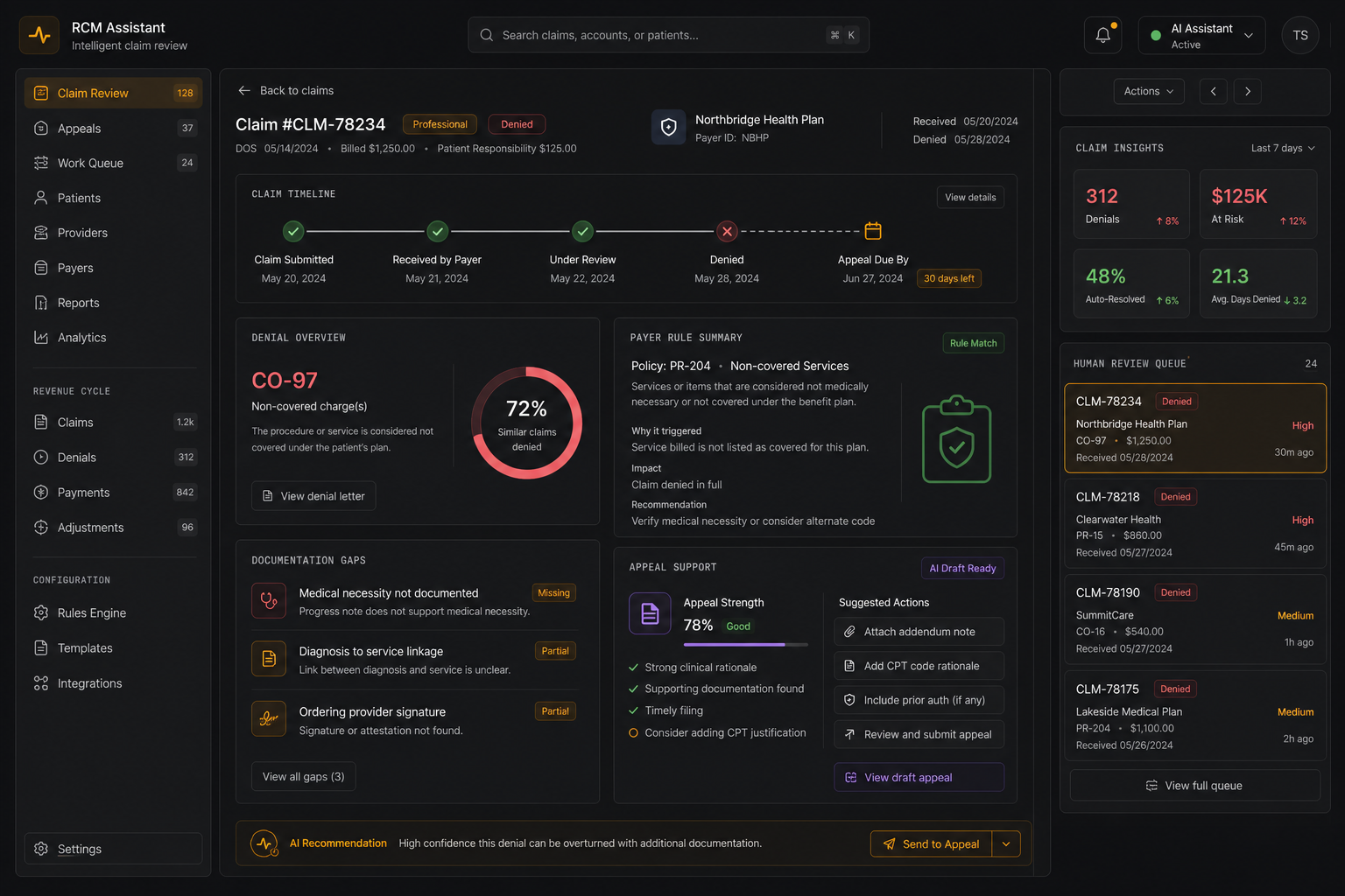 Healthcare revenue cycle AI assistant reviewing claim denial details and appeal opportunities.