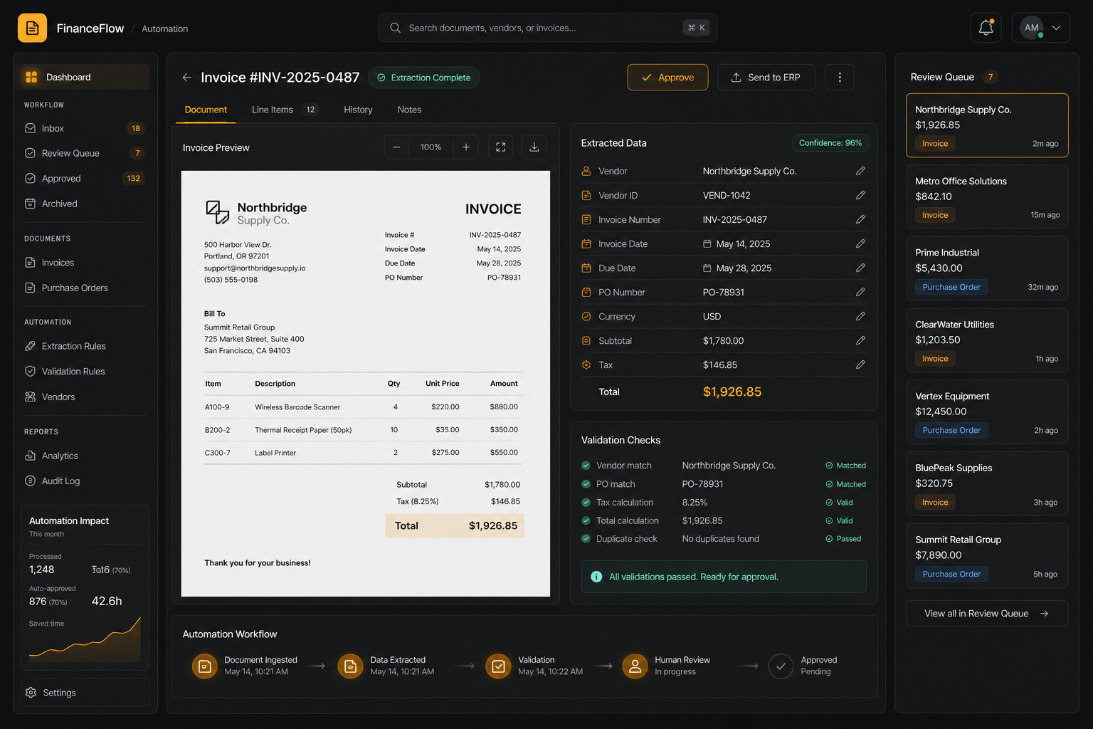 Document AI interface extracting invoice and purchase order fields for finance review.