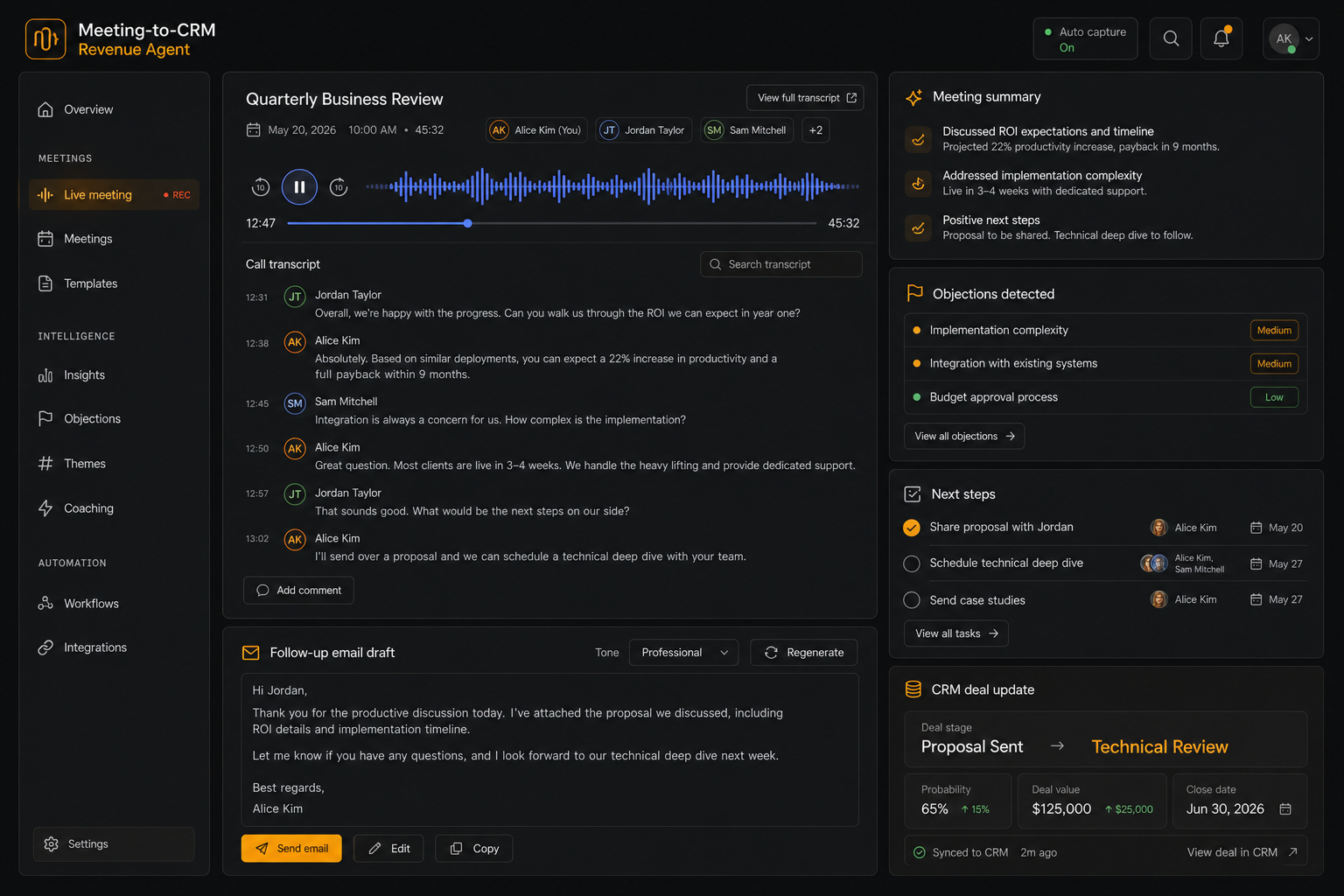 AI meeting intelligence dashboard turning sales calls into CRM updates and follow-up actions.