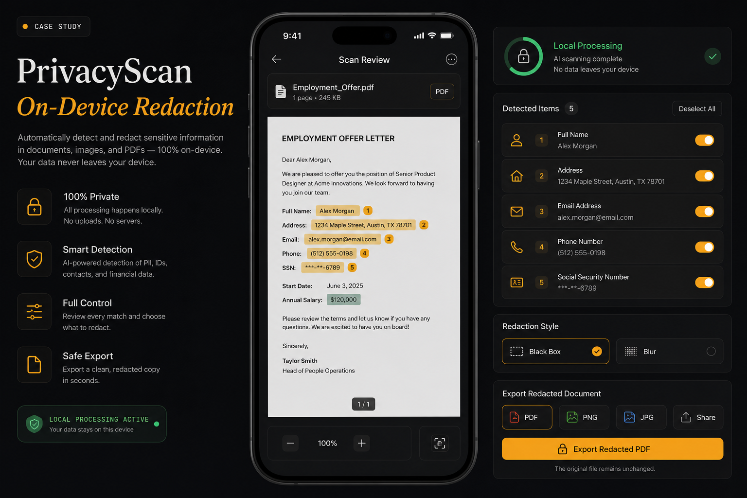 Core ML privacy app detecting and redacting sensitive information on-device.