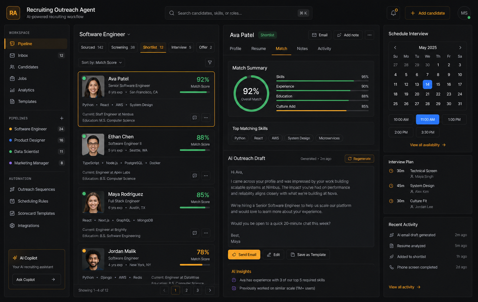 AI recruiting workflow screening candidates and drafting personalized outreach.