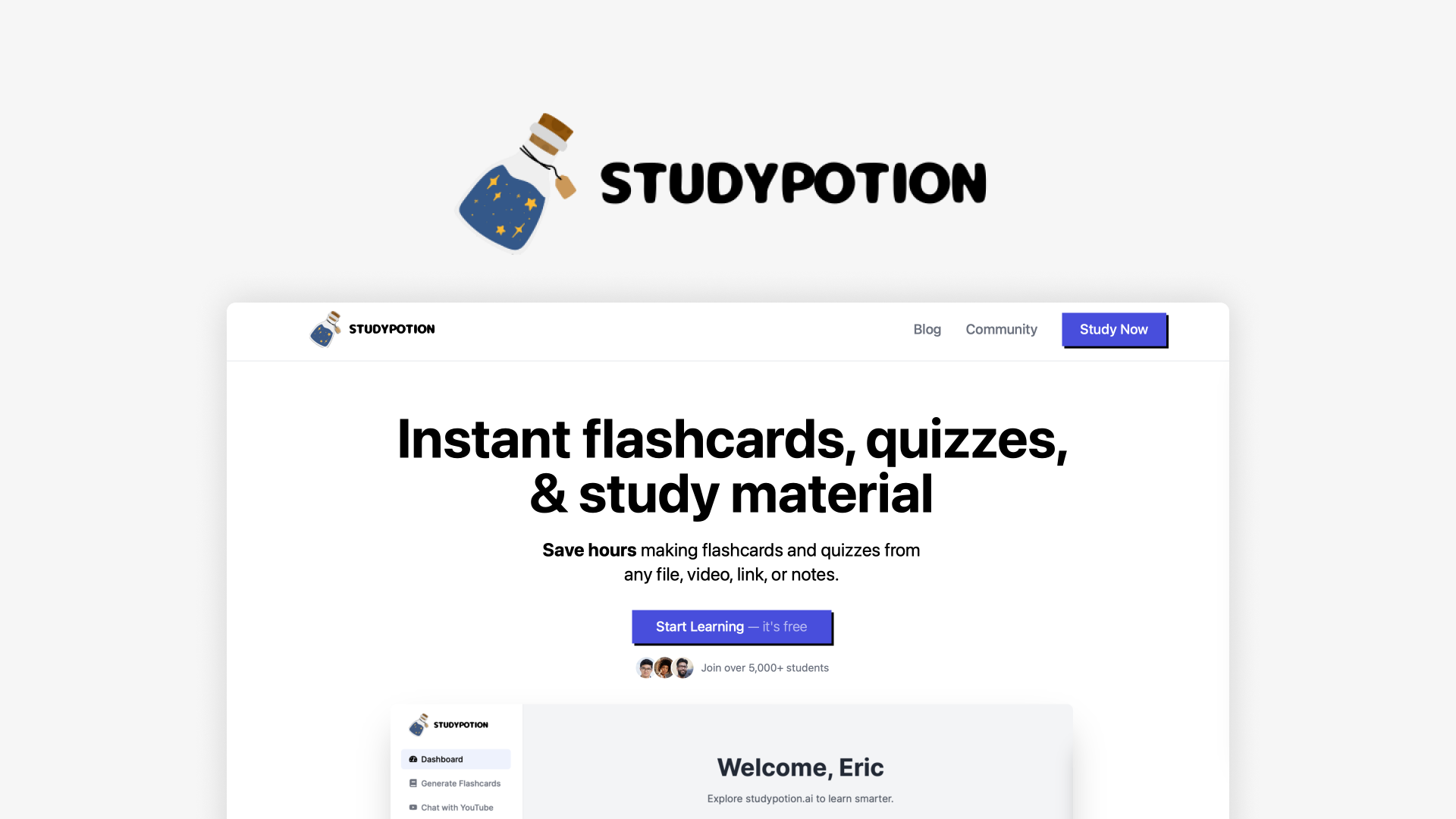 Study Potion AI homepage visual showing instant flashcards, quizzes, and study material